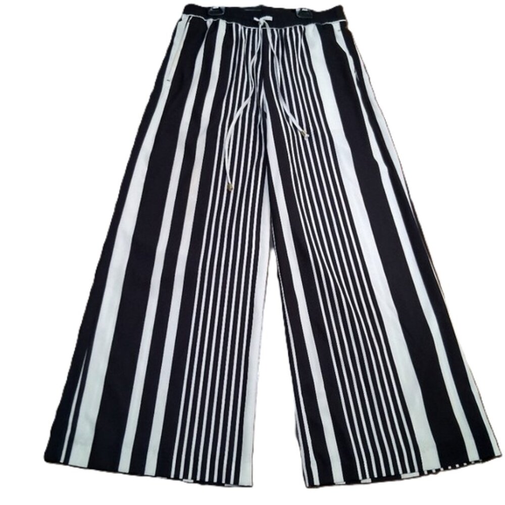 H&M BLCK/WHITE STRIPED WIDE LEG, DRAWSTRING WAIST PANTS. SZ 10.